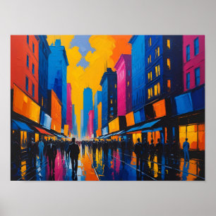 Póster Pintura nocturna de calle de ciudad vibrante