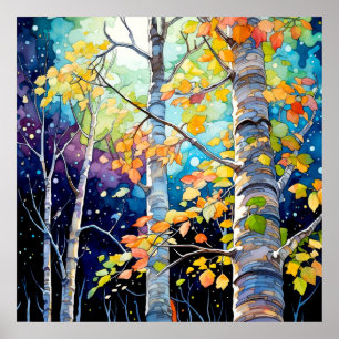 Póster Pintura Nocturna del Bosque de Otoño