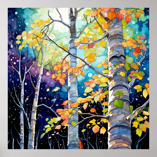 Póster Pintura Nocturna del Bosque de Otoño (Frente)