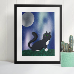 Póster Pintura nocturna estrellada de gato negro