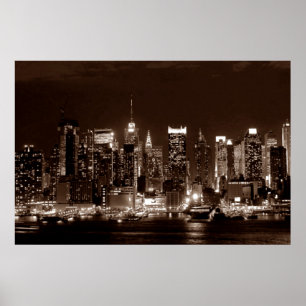 Póster Pintura nocturna panorámica Sepia Brown New York C