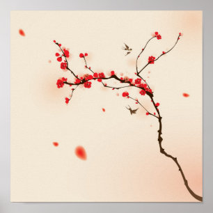Póster Pintura oriental del estilo, flor del ciruelo en