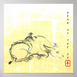 Póster Pintura original Búfalo de agua Niño Ox Año SqP