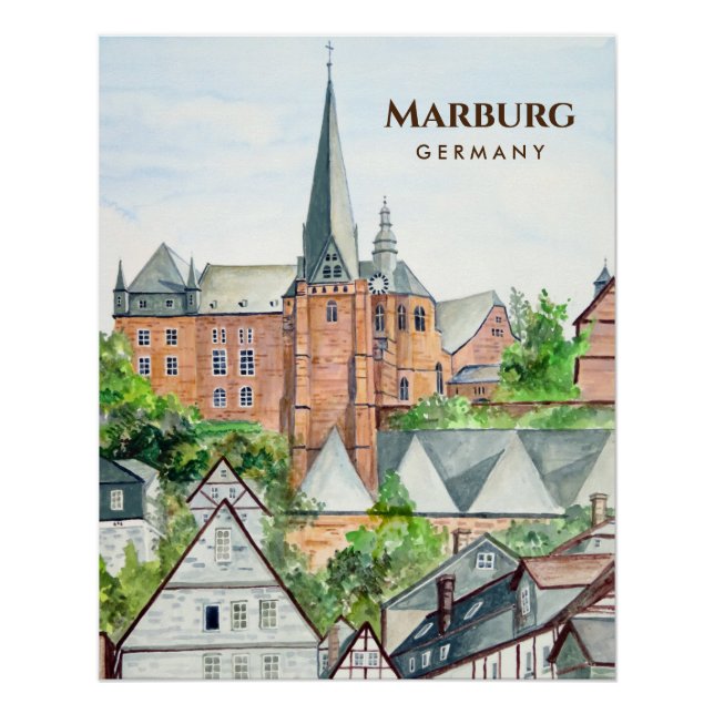 Póster Pintura panorámica de Marburg Altstadt Alemania (Anverso)