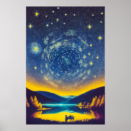 Póster Pintura Retro Espiral de Estrellas Nocturnas Fancy