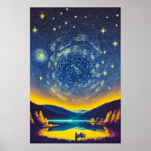 Póster Pintura Retro Espiral de Estrellas Nocturnas Fancy