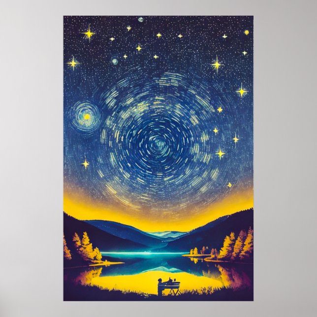 Póster Pintura Retro Espiral de Estrellas Nocturnas Fancy (Frente)