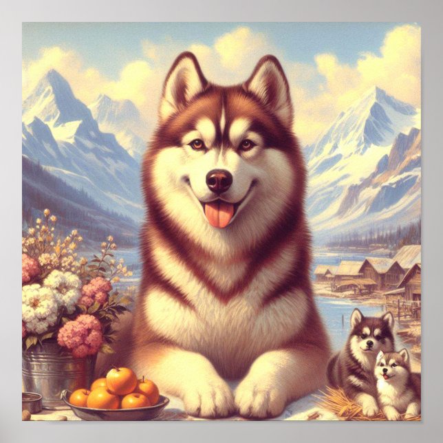 Póster Pintura retro siberiana Husky (Frente)