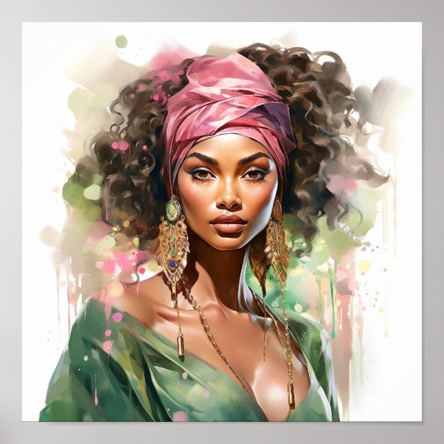 Póster Pintura rosa y verde de una mujer afroamericana (Frente)