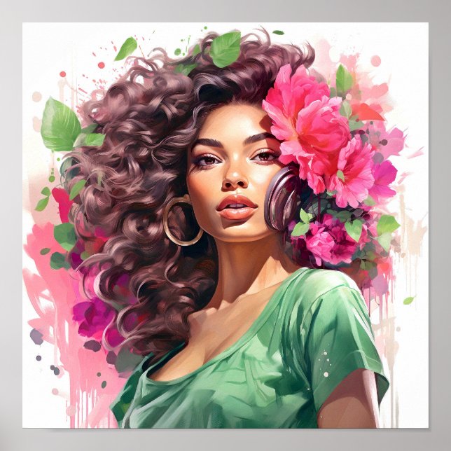 Póster Pintura rosa y verde de una mujer afroamericana (Frente)