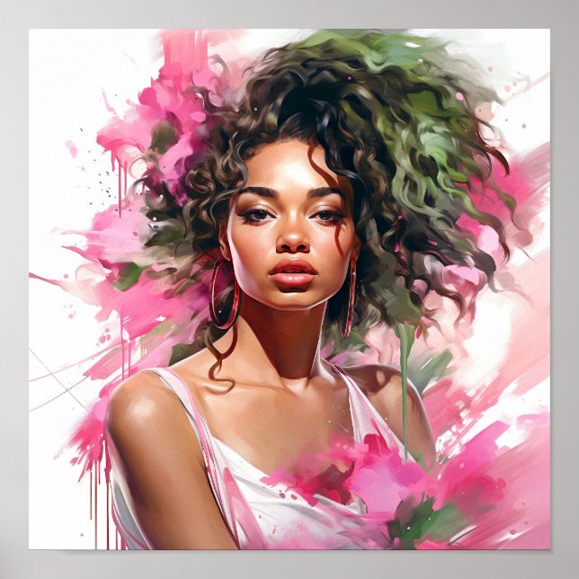 Póster Pintura rosa y verde de una mujer afroamericana (Frente)