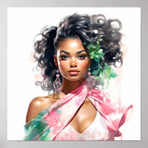 Póster Pintura rosa y verde de una mujer afroamericana
