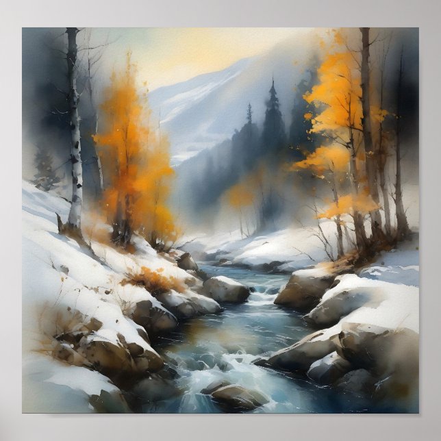 Póster Pintura serena del paisaje de los ríos de invierno (Frente)