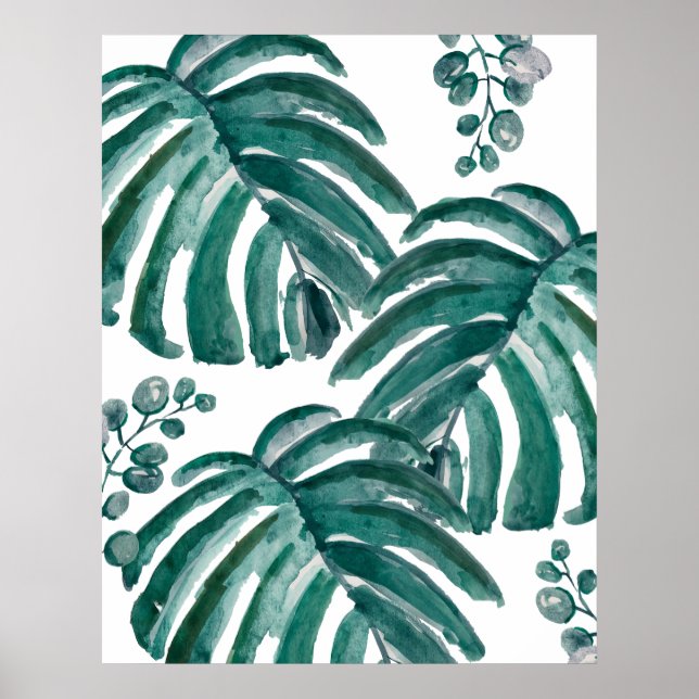 Póster Pintura tropical de hoja verde botánica (Frente)