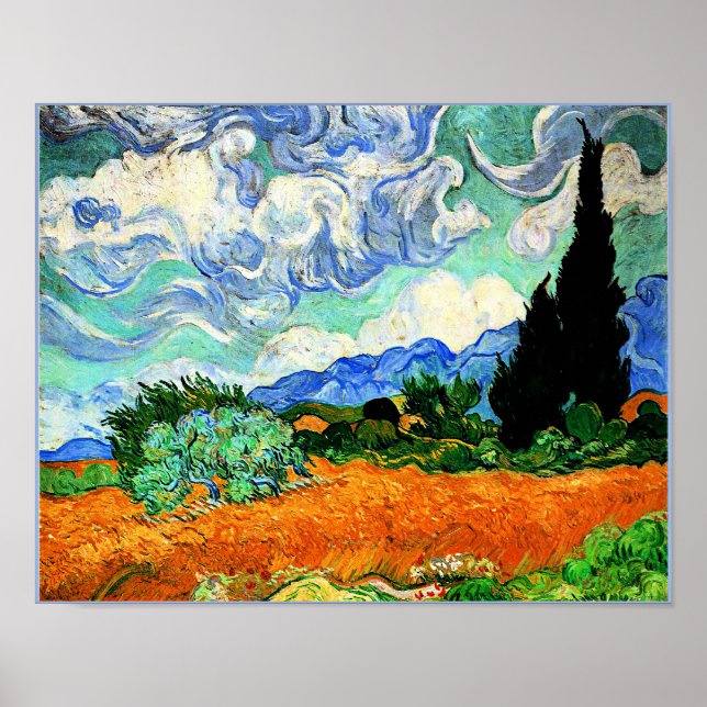 Póster Pintura Van Gogh, Wheatfield con árbol de cipreses (Frente)