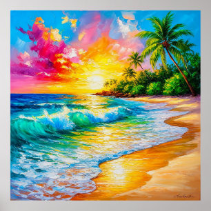 Póster Pintura vibrante del atardecer tropical con olas