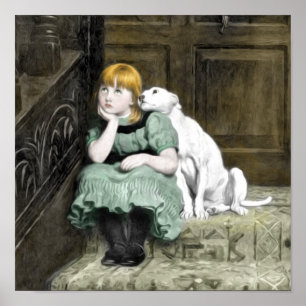 Póster Pintura Victoriana de Niña Adorando a Perro