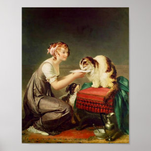 Póster Pintura vintage de Chica Bonito y gato fino