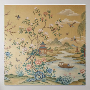 Póster Pintura vintage de paisaje asiático en estilo chin