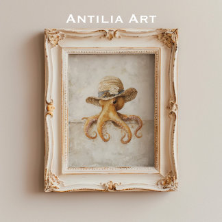 Póster Pintura Vintage de Pulpo Rústica Caprichosa Molusc