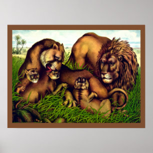 Póster Pintura vintage de una familia de leones