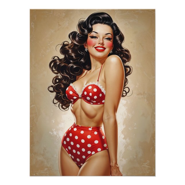Poster Pinup Brune en Bikini Rouge à Pois (Anverso)