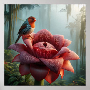 Póster Pinzón sobre una gigantesca flor de la selva en un