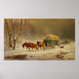Póster Pioneros que soportan una tormenta de nieve yendo