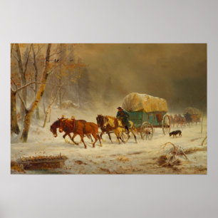 Póster Pioneros que soportan una tormenta de nieve yendo 