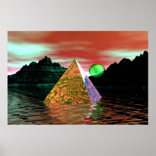 Póster pirámide en el agua con sol verde