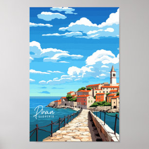 Póster Piran Eslovenia vintage lugar de viaje ilustracion
