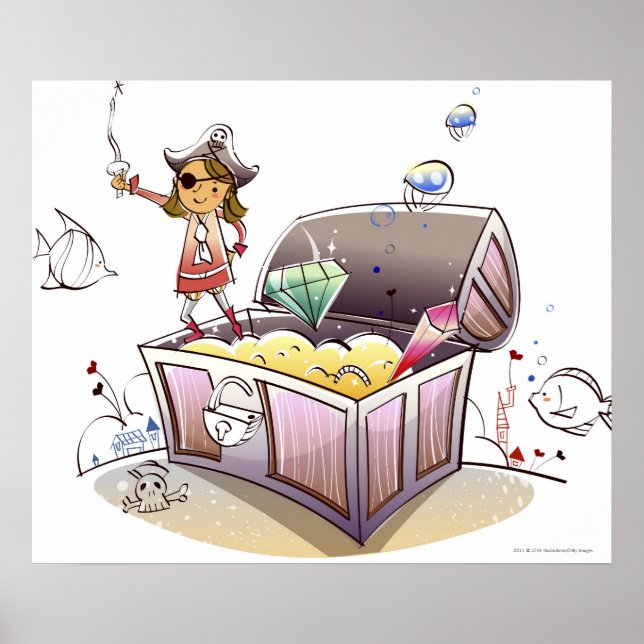 Póster Pirata de pie sobre un cofre del tesoro (Frente)