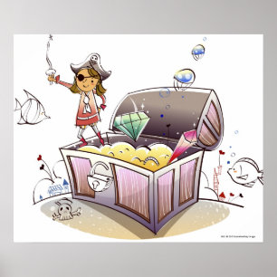 Póster Pirata de sexo femenino que se coloca en un cofre