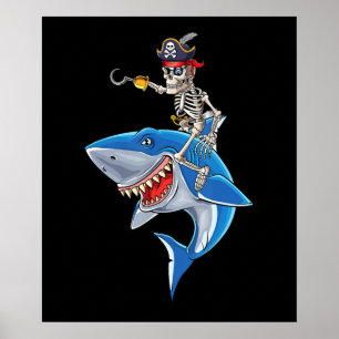 Póster Pirata Skeleton montando tiburón Cute niños Hallow