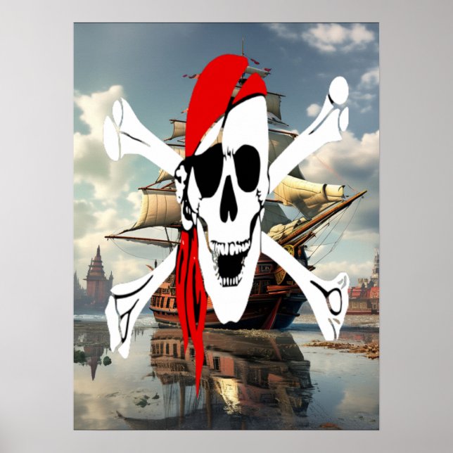 Póster Pirata Vintage Crossbones en el Mar (Frente)