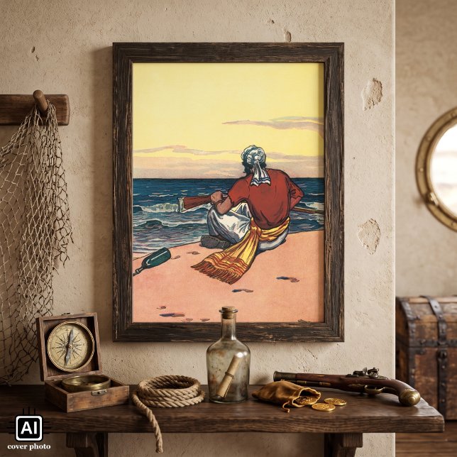 Póster Piratas antiguos, abandonados en una isla desierta (Vintage illustration pirate design featuring a buccaneer marooned on a deserted island.)
