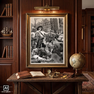 Póster Piratas antiguos bebiendo y peleando en el barco