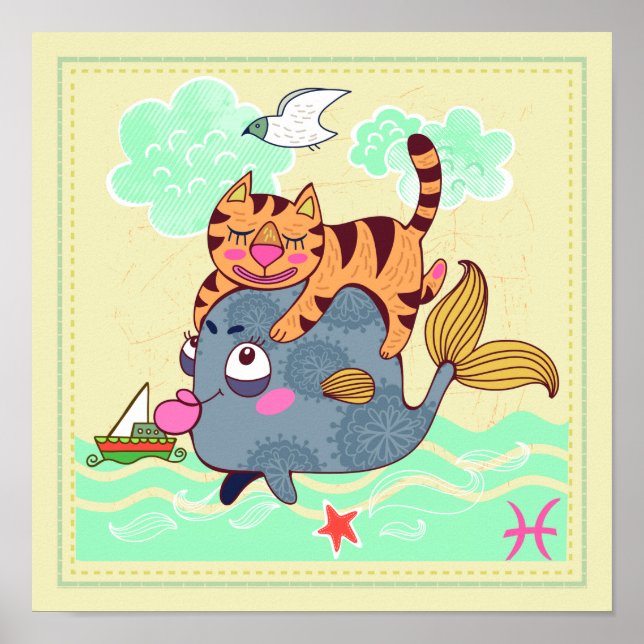 Póster Pisces Fish Cat Zodiac Nursera Imprimir (Frente)
