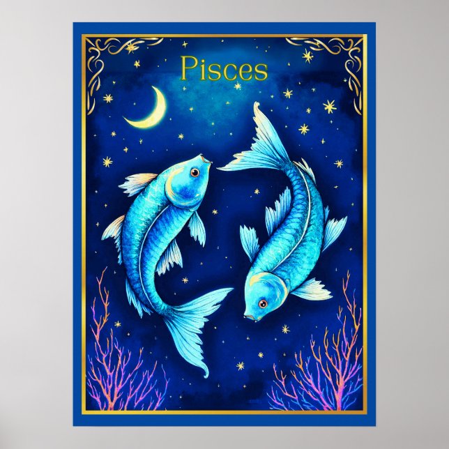 Póster Pisces Zodiac Fish Swimming in Cosmic Waters (Frente)