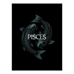 Póster Piscis Zodiaco – Peces Vintage en Verde Azul sobre