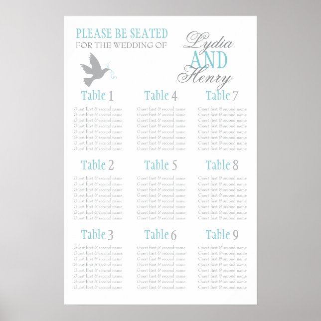 Póster Piso 1-9 de mesa de boda azul de paloma gris (Frente)