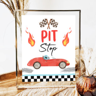 Póster Pit Stop Blue Race Car Two Fast Boy Birday