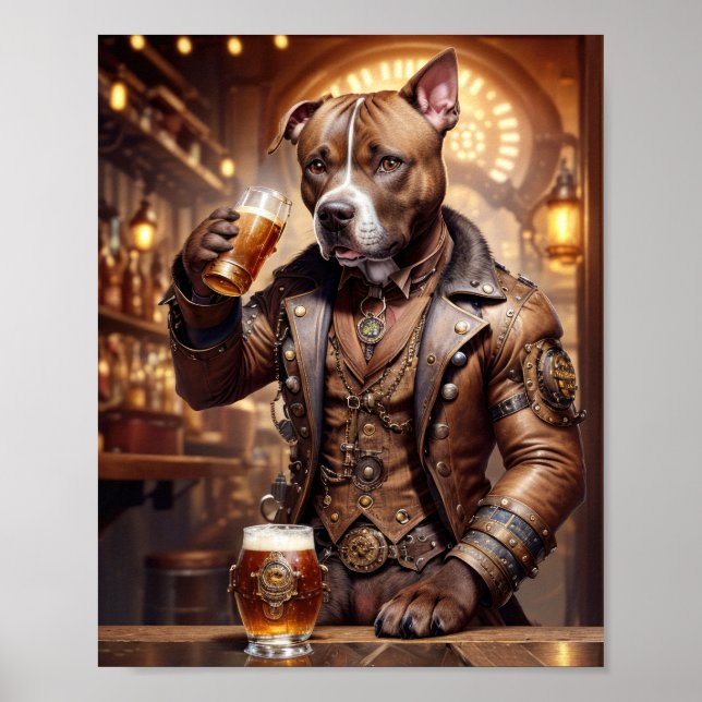 Póster Pitbull con vestido steampunk bebiendo cerveza en  (Frente)