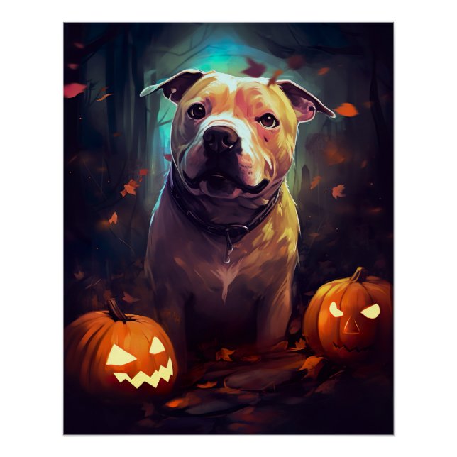 Póster Pitbull De Halloween Con Calabazas Asustadas (Anverso)