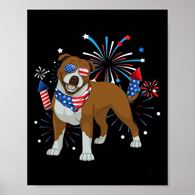 Póster Pitbull Perro Bandera Estadounidense 4 De Julio Ho (Frente)