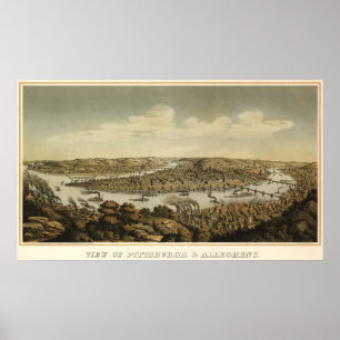 Póster Pitsburgh birdseye map - 1874 (Krebs) BigMapBlog