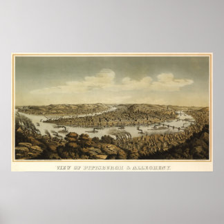 Póster Pitsburgh birdseye map - 1874 (Krebs) BigMapBlog