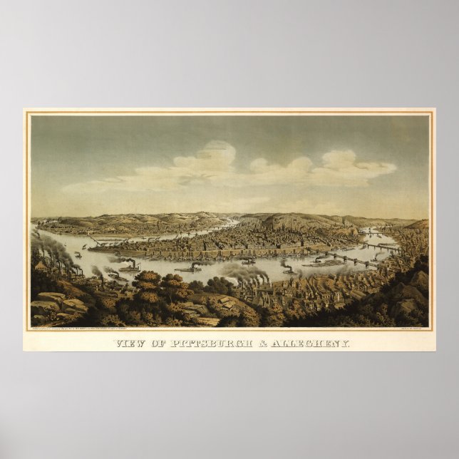 Póster Pitsburgh birdseye map - 1874 (Krebs) BigMapBlog (Frente)