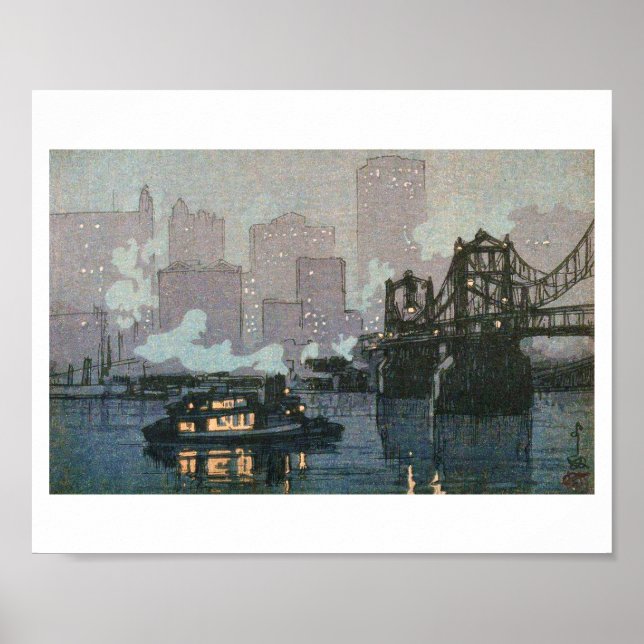 Póster Pittsburgh de noche, Hiroshi Yoshida, Woodcut (Frente)