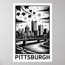 Póster Pittsburgh Skyline Black & White Winter City